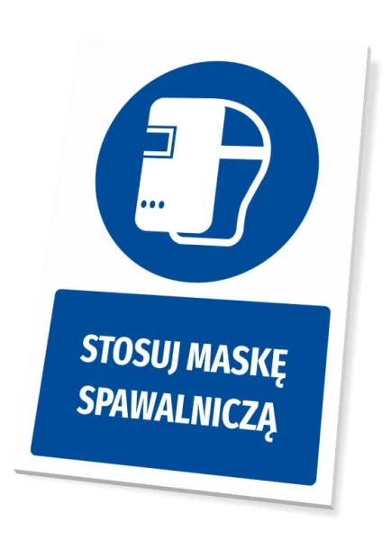 Tabliczka BHP z piktogramem Stosuj maskę spawalniczą - Wzór graficzny. Okrągły piktogram z wizerunkiem maski spawalniczej