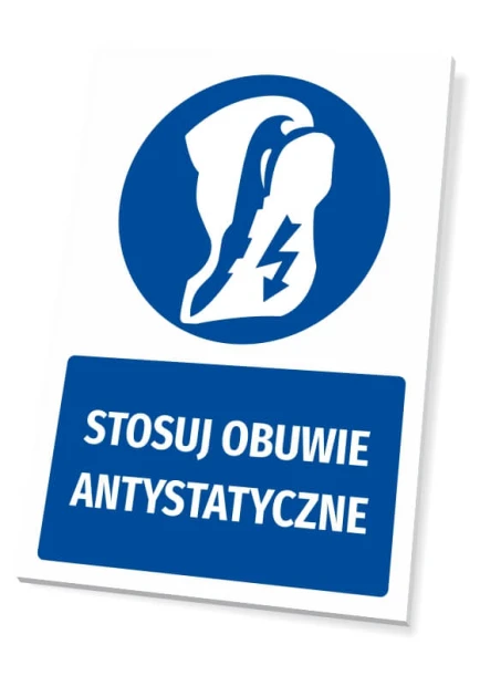 Tabliczka BHP z piktogramem Stosuj obuwie antystatyczne - Wzór graficzny. Okrągły piktogram z butem i błyskawicą