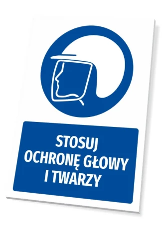 Tabliczka BHP z piktogramem Stosuj ochronę głowy i twarzy - Wzór graficzny. Okrągły piktogram z sylwetką twarzy w hełmie
