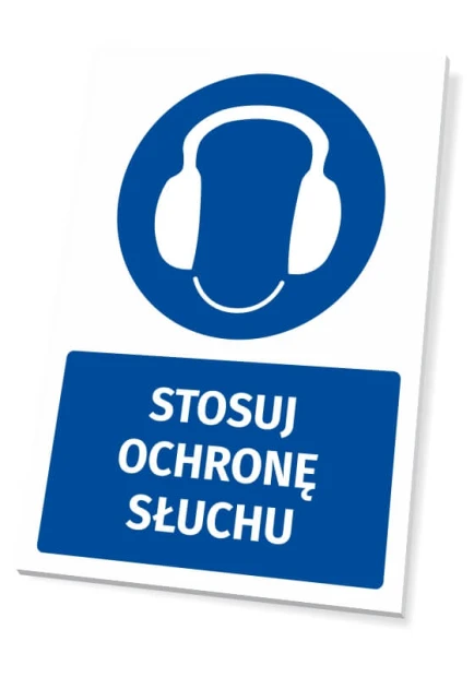 Tabliczka BHP z piktogramem Stosuj ochronę słuchu - Wzór graficzny. Okrągły piktogram z słuchawkami na niebieskim tle, napis