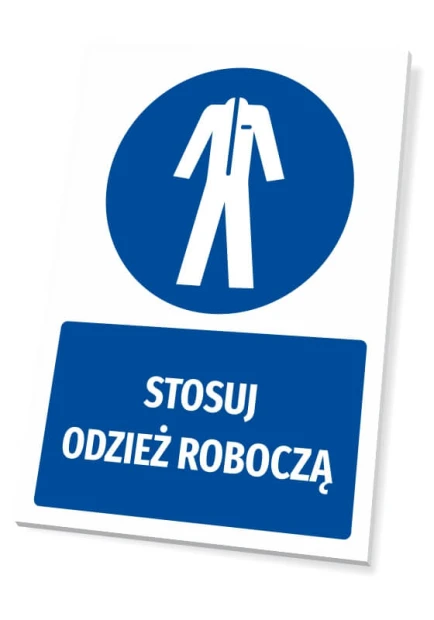 Tabliczka BHP z piktogramem Stosuj odzież roboczą - Wzór graficzny. Okrągły niebieski piktogram przedstawia sylwetkę odzieży