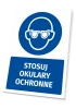 Tabliczka BHP z piktogramem Stosuj okulary ochronne - Wzór graficzny. Okrągły piktogram z postacią w okularach, napis