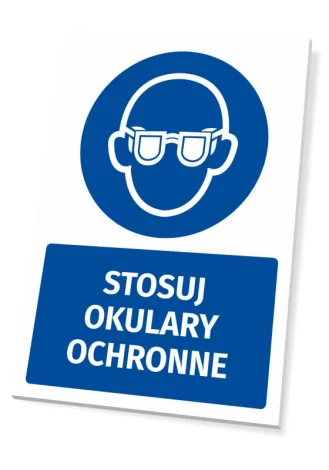 Tabliczka BHP z piktogramem Stosuj okulary ochronne - Wzór graficzny. Okrągły piktogram z postacią w okularach, napis