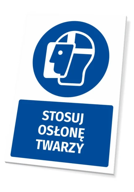 Tabliczka BHP z piktogramem Stosuj osłonę twarzy - Wzór graficzny. Okrągły piktogram z sylwetką głowy i osłoną twarzy. Napis