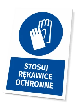 Tabliczka BHP z piktogramem Stosuj rękawice ochronne - Wzór graficzny. Okrągły piktogram z rękawicami na niebieskim tle