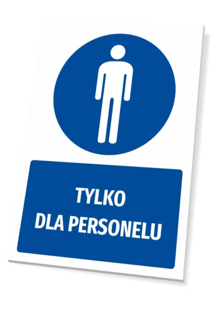 Tabliczka BHP z piktogramem Tylko dla personelu - Wzór graficzny. Okrągły piktogram z sylwetką postaci na niebieskim tle