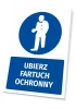 Tabliczka BHP z piktogramem Ubierz fartuch ochronny - Wzór graficzny. Okrągły piktogram z postacią w fartuchu ochronnym