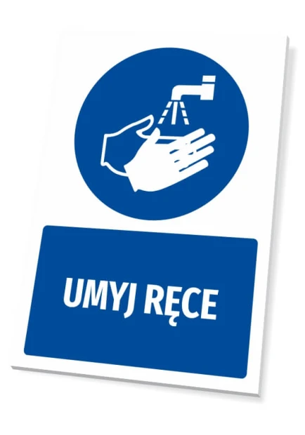 Tabliczka BHP z piktogramem Umyj ręce - Wzór graficzny. Okrągły niebieski piktogram z ikoną rąk pod strumieniem wody. Tekst