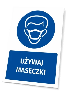 Tabliczka BHP z piktogramem Używaj maseczki - Wzór graficzny. Okrągły niebieski piktogram z wizerunkiem twarzy w maseczce
