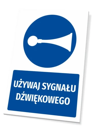 Tabliczka BHP z piktogramem Używaj sygnału dźwiękowego - Wzór graficzny. Okrągły niebieski symbol z trąbką i niebieski napis