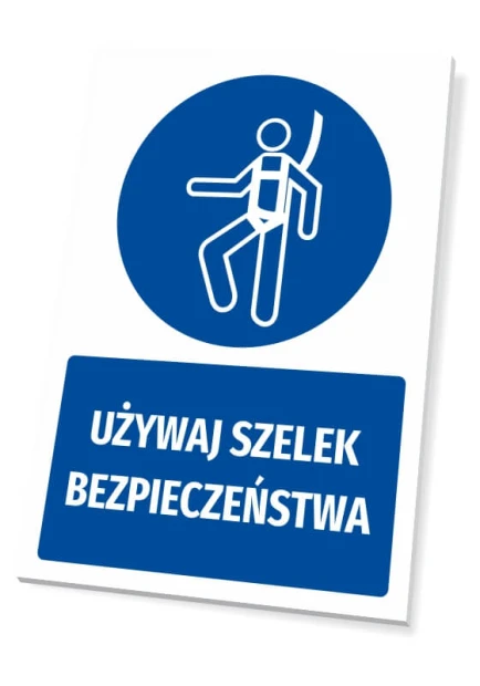 Tabliczka BHP z piktogramem Używaj szelek bezpieczeństwa - Wzór graficzny. Okrągły piktogram przedstawia postać w szelek