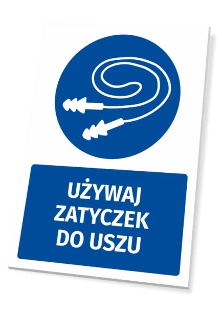 Tabliczka BHP z piktogramem Używaj zatyczek do uszu - Wzór graficzny. Okrągły piktogram z zatyczkami do uszu na niebieskim
