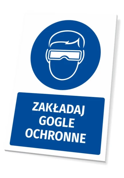 Tabliczka BHP z piktogramem Zakładaj gogle ochronne - Wzór graficzny. Okrągły piktogram z postacią w goglach ochronnych