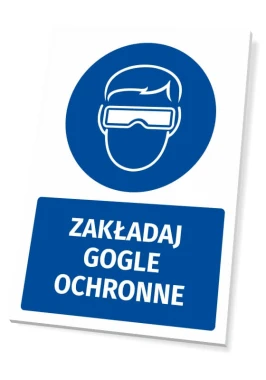 Tabliczka BHP z piktogramem Zakładaj gogle ochronne - Wzór graficzny. Okrągły piktogram z postacią w goglach ochronnych