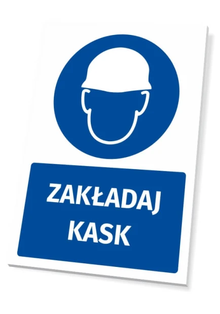 Tabliczka BHP z niebieskim piktogramem nakazu i białym napisem Zakładaj kask na budowę lub do zakładu pracy