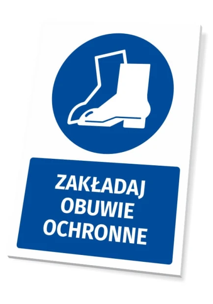 Tabliczka BHP z piktogramem Zakładaj obuwie ochronne - Wzór graficzny. Okrągły piktogram przedstawia buty ochronne