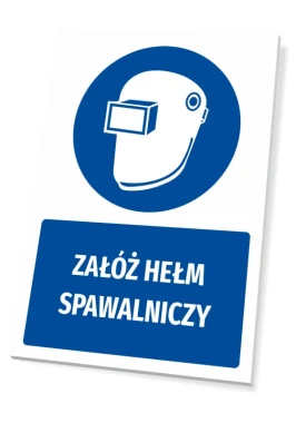 Tabliczka BHP z piktogramem Załóż hełm spawalniczy - Wzór graficzny. Okrągły piktogram z hełmem spawalniczym na niebieskim
