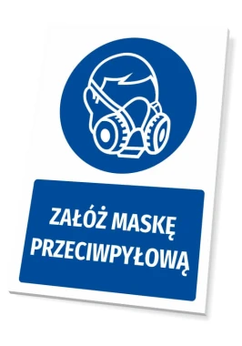 Tabliczka BHP z piktogramem Załóż maskę przeciwpyłową - Wzór graficzny. Okrągły piktogram z sylwetką maski przeciwpyłowej