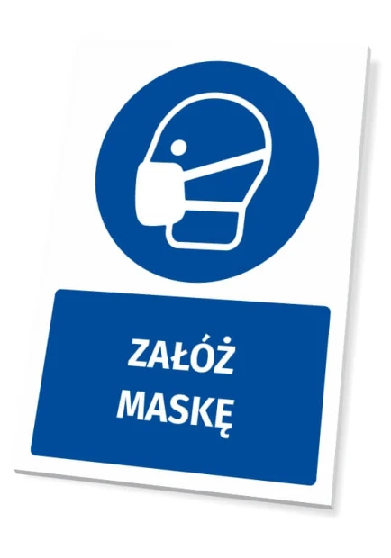 Tabliczka BHP z piktogramem Załóż maskę - Wzór graficzny. Okrągły piktogram z wizerunkiem głowy w masce na niebieskim tle