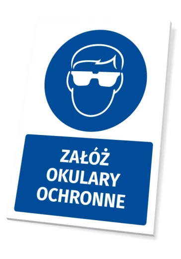 Tabliczka BHP z niebieskim piktogramem nakazu i napisem Załóż okulary ochronne do montażu na ścianie lub drzwiach