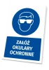 Tabliczka BHP z piktogramem Załóż okulary ochronne - Wzór graficzny. Okrągły piktogram z postacią w okularach ochronnych