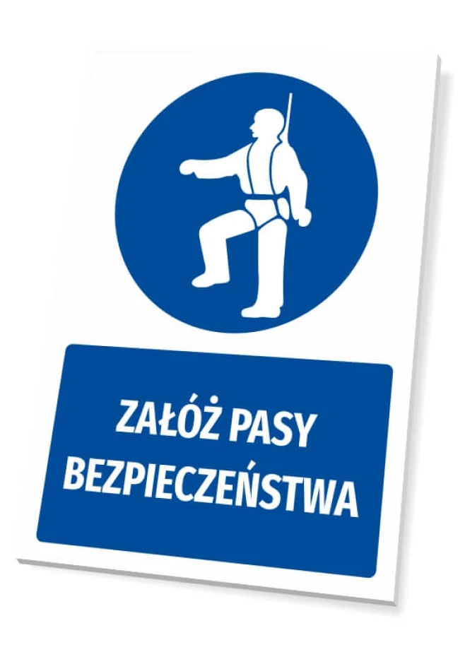Tabliczka BHP z piktogramem Załóż pasy bezpieczeństwa - Wzór graficzny. Okrągły piktogram z postacią w uprzęży na niebieskim