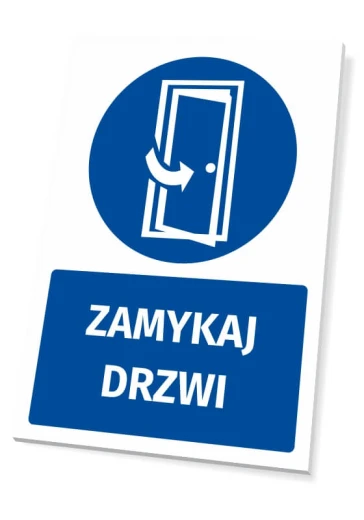 Niebieska tabliczka BHP nakazu z białym piktogramem i napisem Zamykaj drzwi, pokazana na białym tle