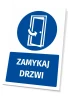 Tabliczka BHP z piktogramem Zamykaj drzwi - Wzór graficzny. Okrągły kształt z niebieskim tłem, biała grafika drzwi