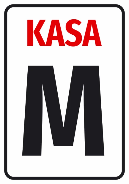 Naklejka informacyjna oznaczenie kas sklepowych - Wzór graficzny. Czerwony napis KASA na białym tle, prostokątna forma