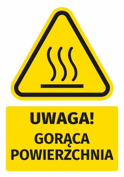 Naklejka ostrzegawcza BHP z piktogramem Uwaga! Gorąca powierzchnia - Wzór graficzny. Żółty trójkąt z czarnymi falami
