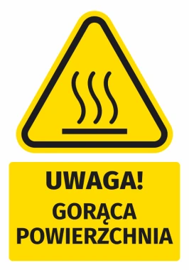 Naklejka ostrzegawcza BHP z piktogramem Uwaga! Gorąca powierzchnia - Wzór graficzny. Żółty trójkąt z czarnymi falami