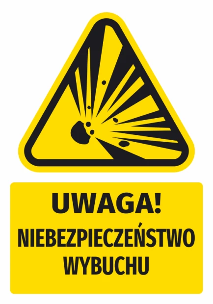 Naklejka ostrzegawcza BHP z piktogramem Uwaga! Niebezpieczeństwo wybuchu - Wzór graficzny. Trójkąt z czarnym symbolem