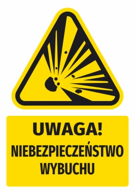 Naklejka ostrzegawcza BHP z piktogramem Uwaga! Niebezpieczeństwo wybuchu - Wzór graficzny. Trójkąt z czarnym symbolem