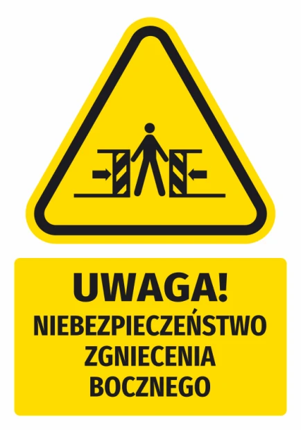Żółta naklejka BHP z czarnym piktogramem i napisem ostrzegającym przed niebezpieczeństwem zgniecenia bocznego