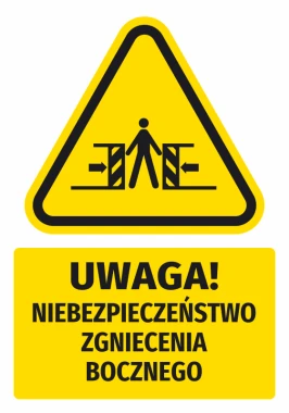 Naklejka ostrzegawcza BHP z piktogramem Uwaga! Niebezpieczeństwo zgniecenia bocznego - Wzór graficzny. Trójkątna forma