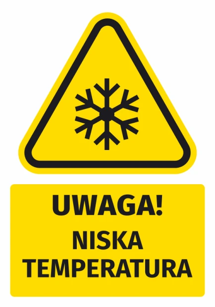 Naklejka ostrzegawcza BHP z piktogramem Uwaga! Niska temperatura - Wzór graficzny. Żółty trójkąt z czarnym konturem