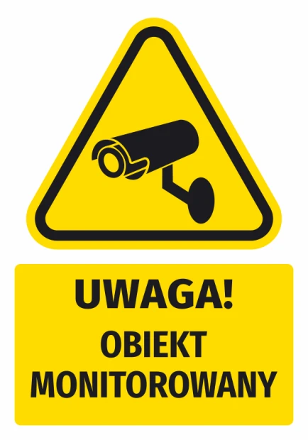 Żółta naklejka ostrzegawcza z czarnym piktogramem kamery i napisem Uwaga! Obiekt monitorowany na białym tle