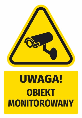 Naklejka ostrzegawcza BHP z piktogramem Uwaga! Obiekt monitorowany - Wzór graficzny. Żółty trójkąt z czarną kamerą
