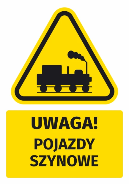 Żółta naklejka BHP z czarnym piktogramem lokomotywy i ostrzeżeniem Uwaga! Pojazdy szynowe na białym tle