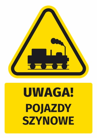 Naklejka ostrzegawcza BHP z piktogramem Uwaga! Pojazdy szynowe - Wzór graficzny. Żółty trójkąt z czarnym piktogramem
