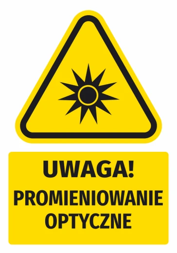 Żółta naklejka ostrzegawcza BHP z czarnym piktogramem słońca i napisem Uwaga! Promieniowanie optyczne