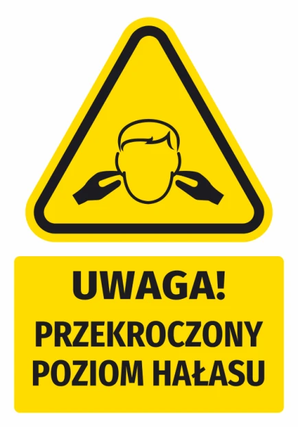 Naklejka ostrzegawcza BHP z piktogramem Uwaga! Przekroczony poziom hałasu - Wzór graficzny. Trójkątna forma z czarnym
