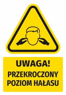 Naklejka ostrzegawcza BHP z piktogramem Uwaga! Przekroczony poziom hałasu - Wzór graficzny. Trójkątna forma z czarnym