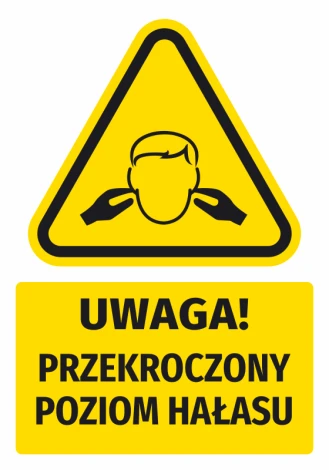 Naklejka ostrzegawcza BHP z piktogramem Uwaga! Przekroczony poziom hałasu - Wzór graficzny. Trójkątna forma z czarnym