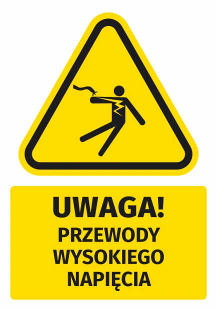 Naklejka ostrzegawcza BHP z piktogramem Uwaga! Przewody wysokiego napięcia - Wzór graficzny. Trójkątna forma z czarnym