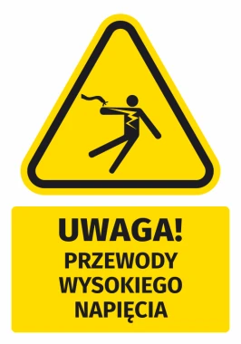 Naklejka ostrzegawcza BHP z piktogramem Uwaga! Przewody wysokiego napięcia - Wzór graficzny. Trójkątna forma z czarnym