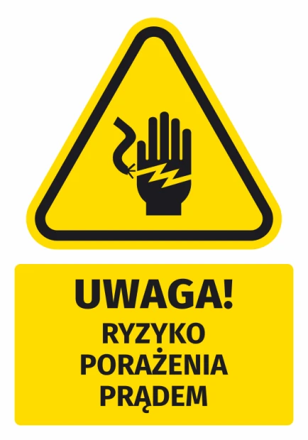 Naklejka ostrzegawcza BHP z piktogramem Uwaga! Ryzyko porażenia prądem - Wzór graficzny. Trójkąt z ręką i błyskawicą, tekst