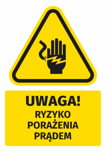 Naklejka ostrzegawcza BHP z piktogramem Uwaga! Ryzyko porażenia prądem