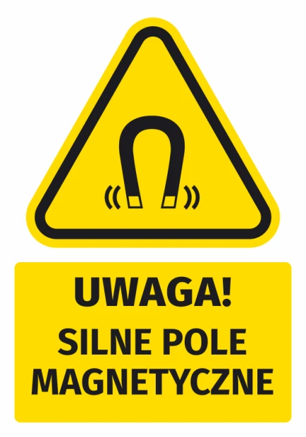 Żółta naklejka ostrzegawcza BHP z czarnym piktogramem magnesu i napisem Uwaga! Silne pole magnetyczne