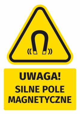 Naklejka ostrzegawcza BHP z piktogramem Uwaga! Silne pole magnetyczne - Wzór graficzny. Żółty trójkąt z czarnym symbolem